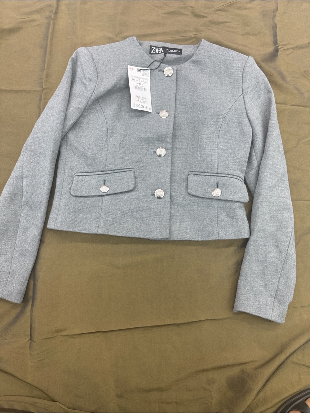 Zara Light Gray Cropped Round-Neck Button Blazer - Picture 8 of 8